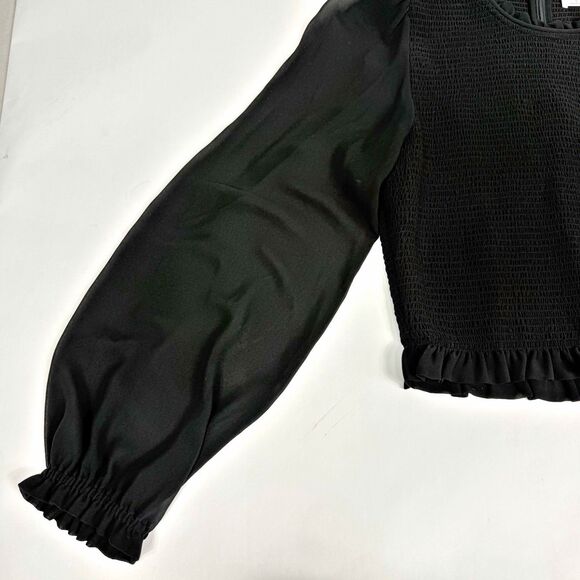 Aritzia Wilfred Tempest Blouse Sheer Long Sleeve Black Smocked Cropped Medium - Picture 8 of 13